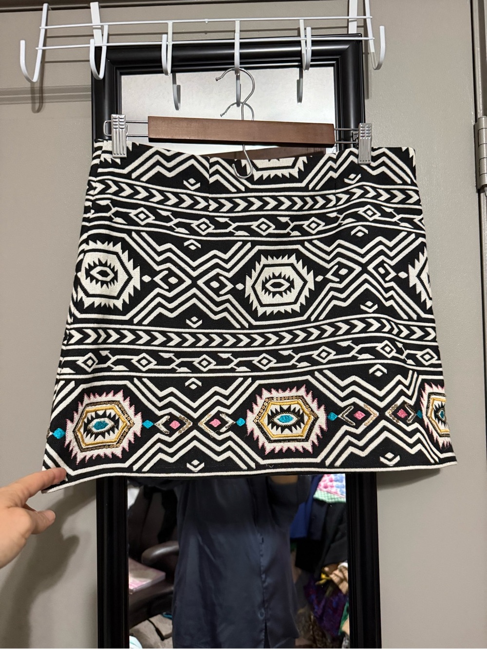 Judith March Black & White Aztec Mini Skirt with Colorful Embroidery